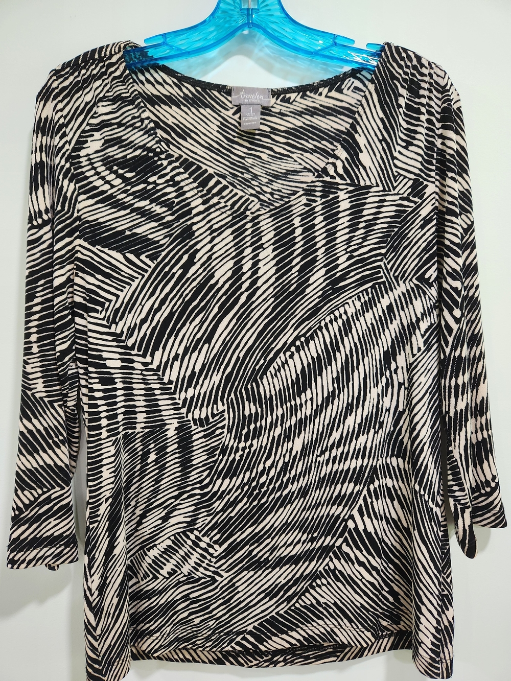 Women's Black and Cream Printed V-Neck Top